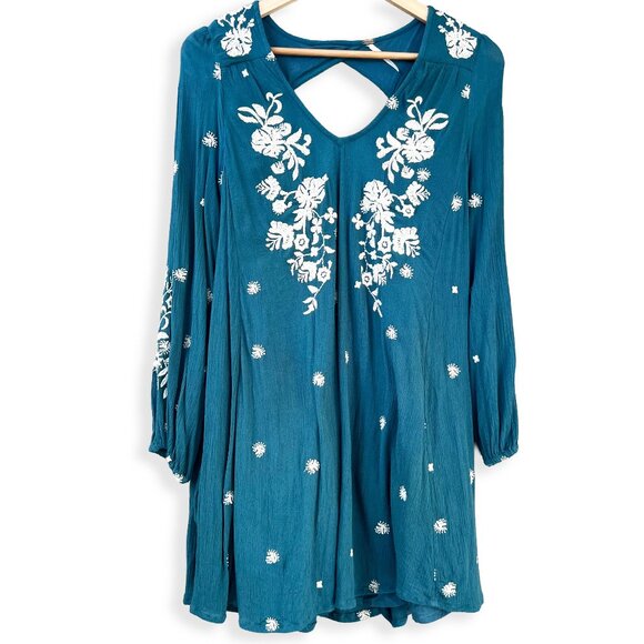 Free People | Sweet Tennessee Babydoll Long Sleeve Embroidered Dress in Teal | S - Picture 3 of 15